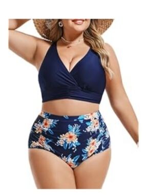 Navy Floral High-Waist Bikini Set - Plus Size